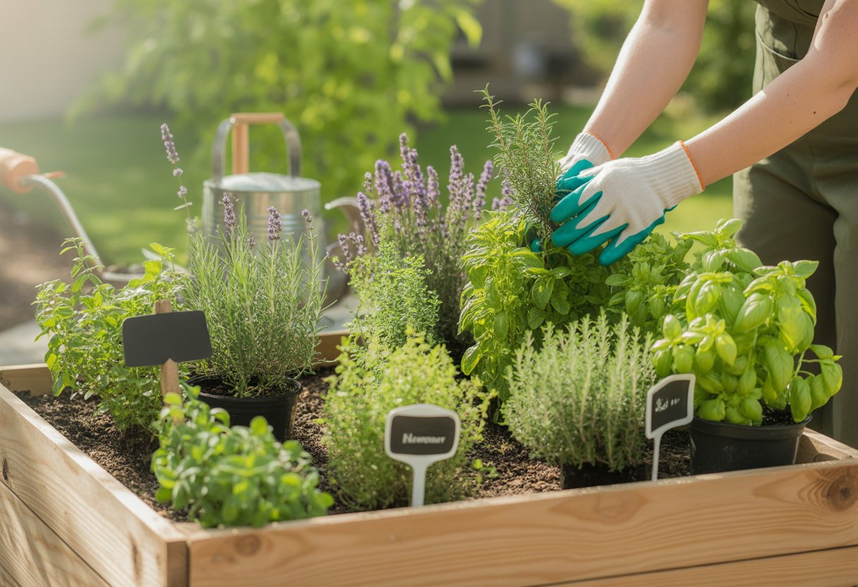 Hands touching fresh herbs in a raised garden bed surrounded by gardening tools and greenery.