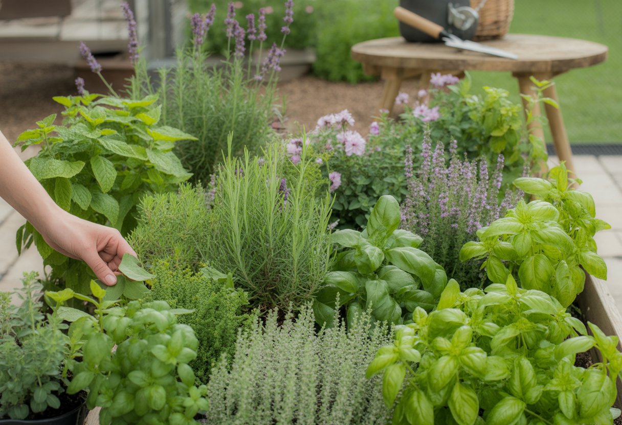 A sunlit herb garden with various green plants and flowers, showing a hand touching the leaves and garden tools nearby.