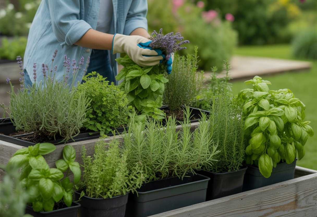 A person tending to a lush sensory herb garden, touching and smelling the plants outdoors.