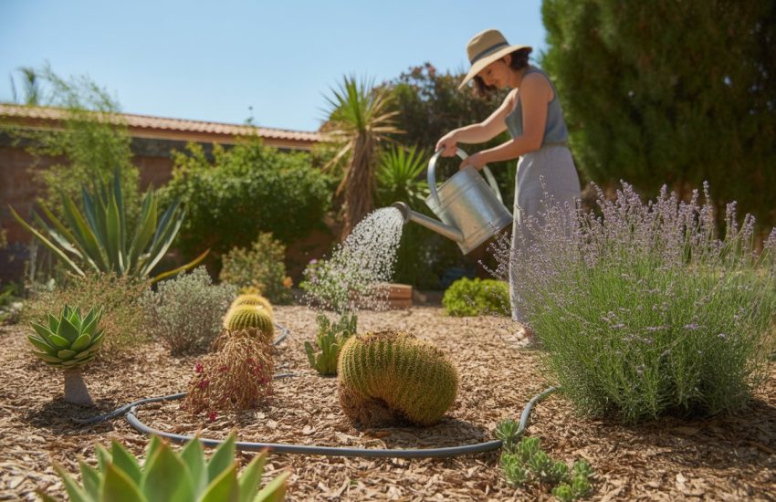A sunlit garden with drought-tolerant plants and a gardener watering them in a hot, dry climate.