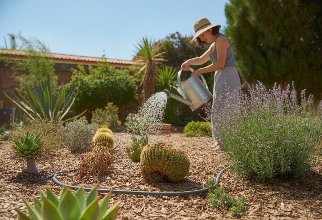 A sunlit garden with drought-tolerant plants and a gardener watering them in a hot, dry climate.