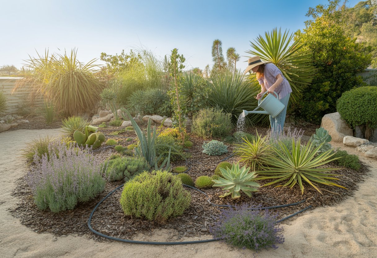 A sunny garden with drought-tolerant plants, drip irrigation, mulch, and a gardener tending to the plants.