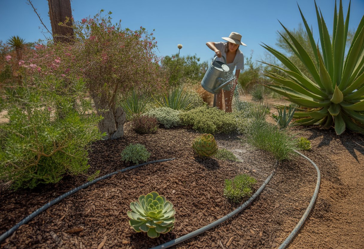 A gardener tending to drought-tolerant plants in mulched soil with drip irrigation under a sunny sky.