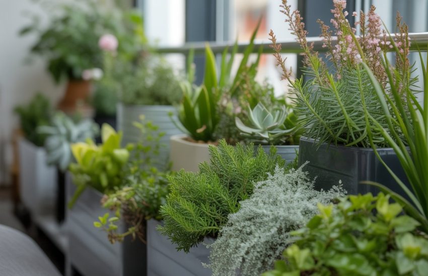 A small balcony garden with various healthy native plants in containers, including shrubs, succulents, and flowering plants.