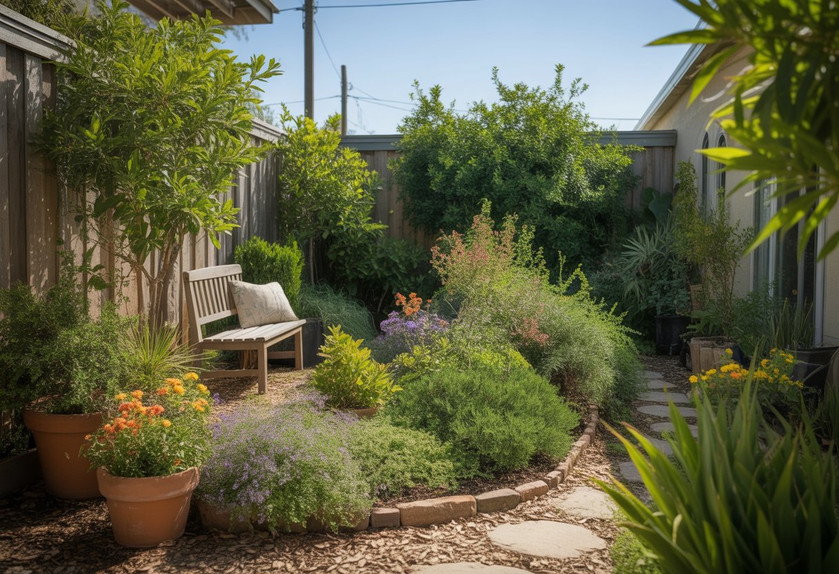 Best Small-Space Native Plants for Compact Urban Gardens and Balconies - PlantNative.org A small garden with native plants including shrubs, flowers, and grasses arranged in raised beds and pots, with a wooden bench and stone pathways under a clear sky.