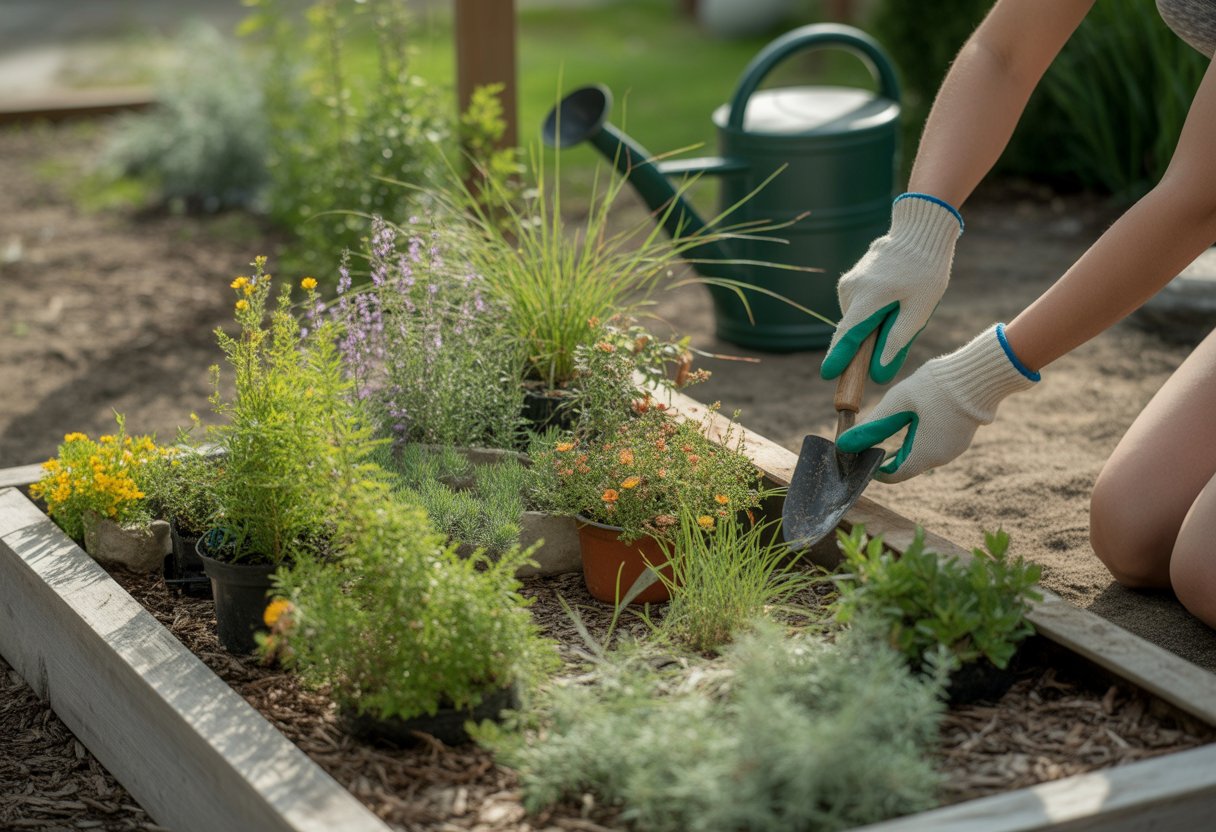Best Small-Space Native Plants for Compact Urban Gardens and Balconies - PlantNative.org A person tending to a small native garden with various green plants and flowers in containers outdoors.