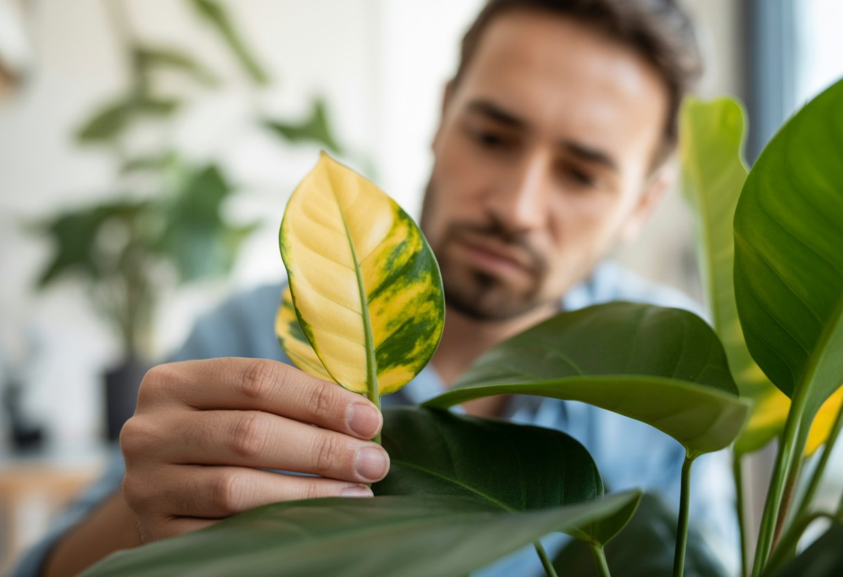 A person closely inspecting a houseplant with yellowing leaves indoors.