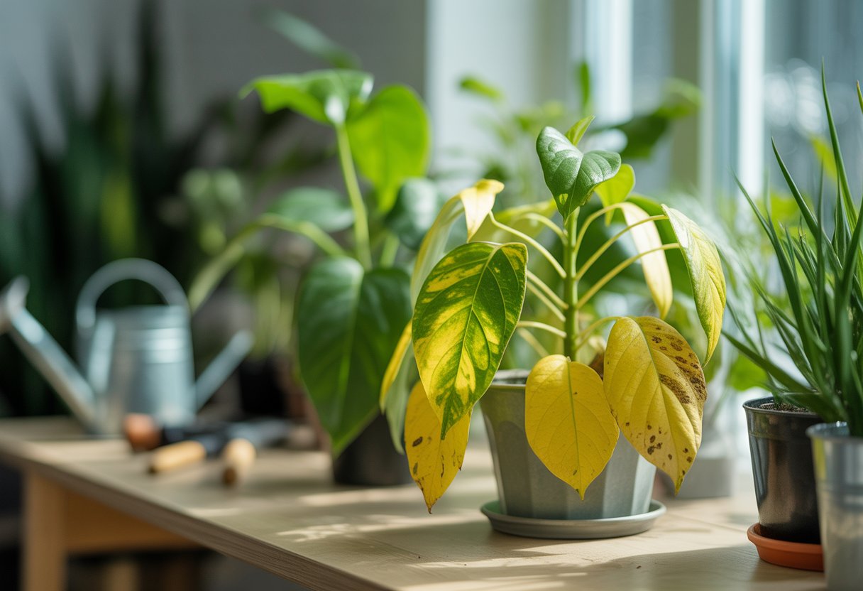 Close-up of green and yellowing leaves on indoor plants placed on a wooden table near a window with sunlight, showing signs of leaf yellowing and plant care tools nearby.