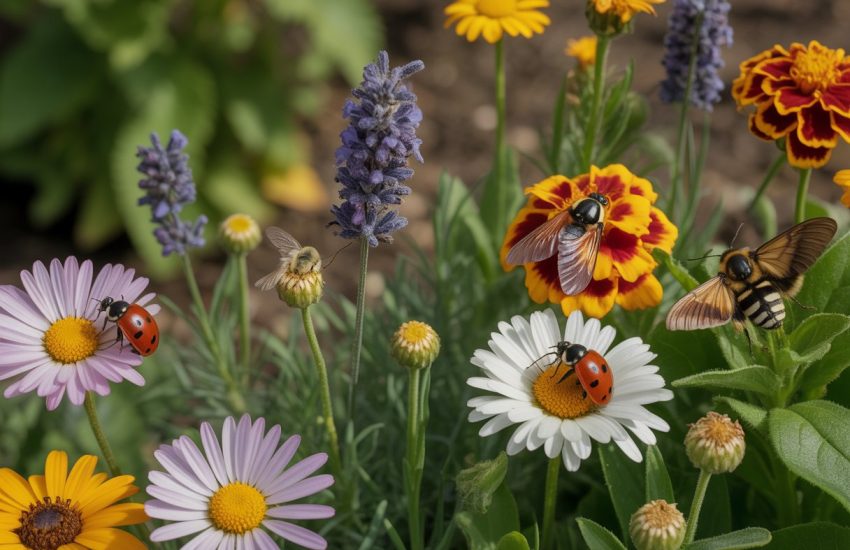 A garden with colorful flowers and beneficial insects like ladybugs, bees, and butterflies resting on the plants.