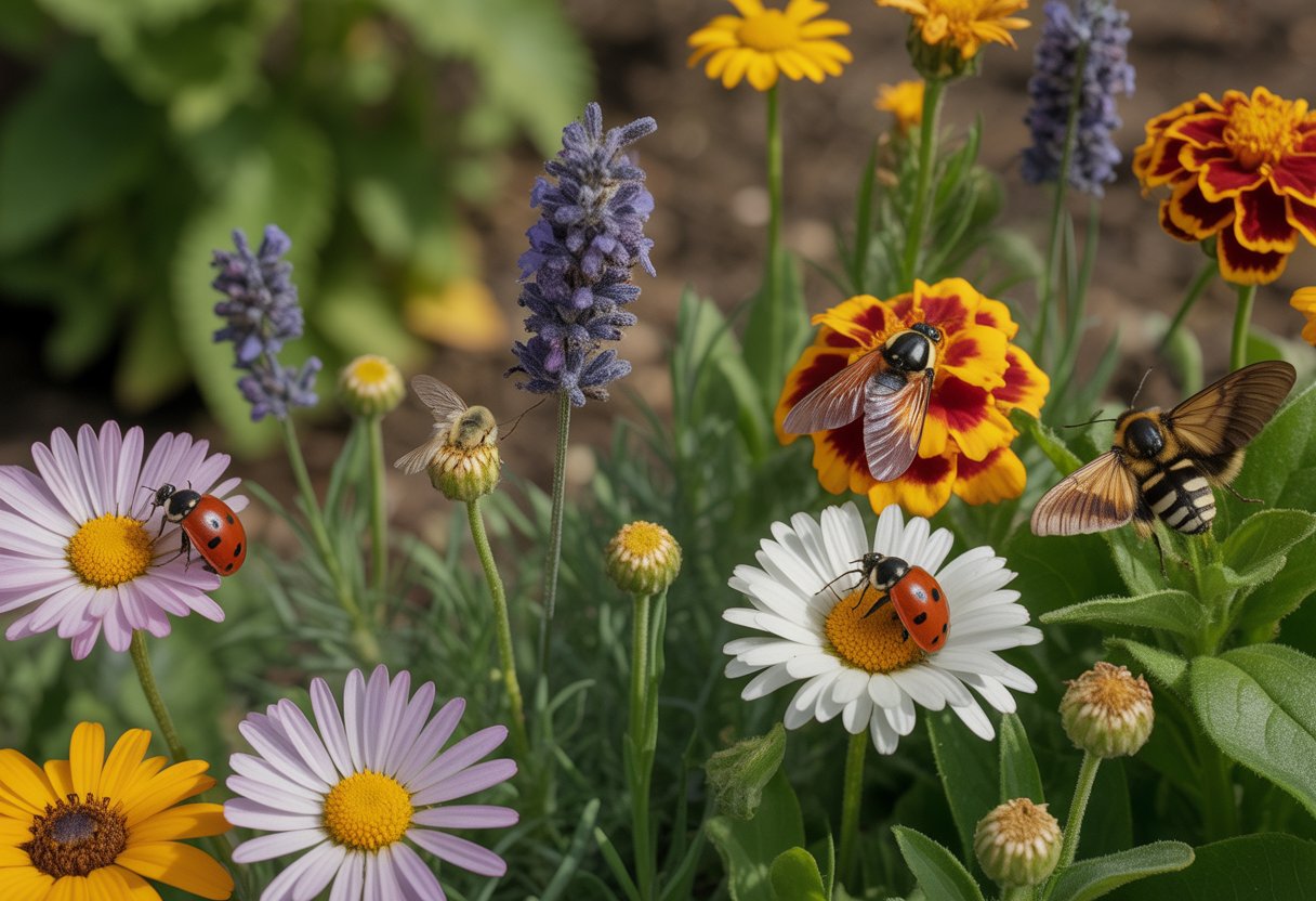 Encouraging Beneficial Insects for Effective Natural Pest Control - PlantNative.org A garden with colorful flowers and beneficial insects like ladybugs, bees, and butterflies resting on the plants.