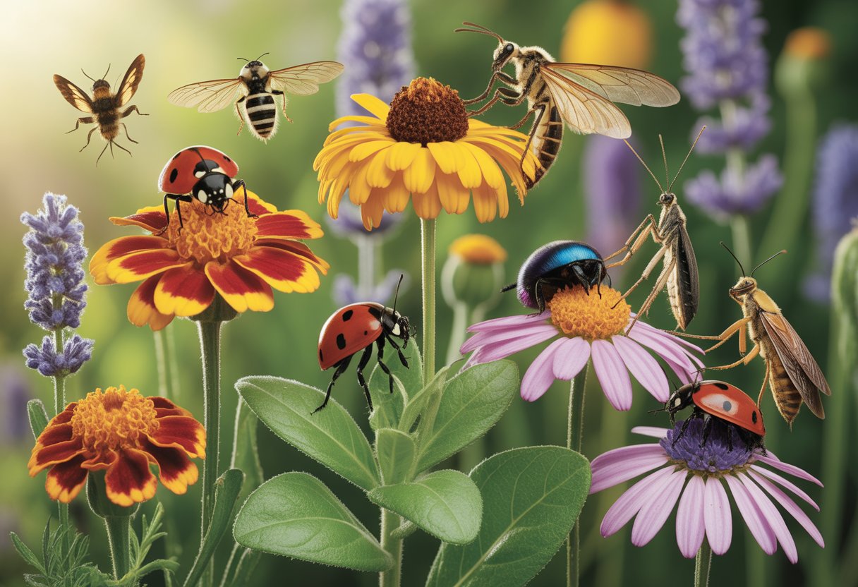 Encouraging Beneficial Insects for Effective Natural Pest Control - PlantNative.org Close-up of various beneficial garden insects like ladybugs, bees, butterflies, and praying mantises on blooming flowers and green leaves in a sunlit garden.