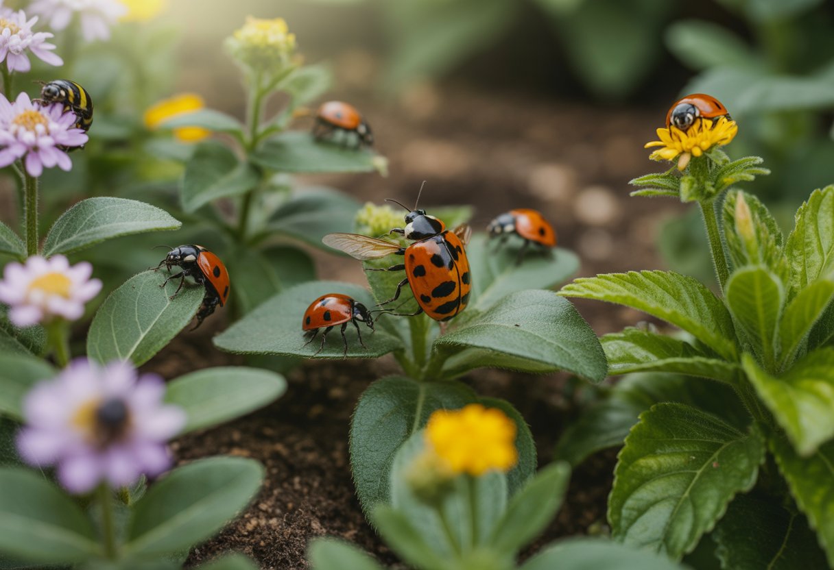 Encouraging Beneficial Insects for Effective Natural Pest Control - PlantNative.org Close-up of beneficial insects like ladybugs and bees on green leaves and flowers in a healthy garden.