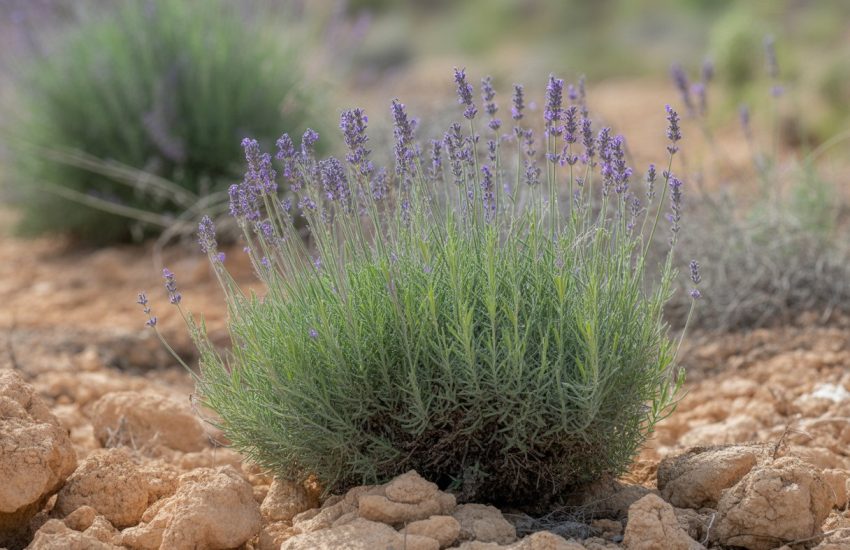 A healthy lavender plant with purple flowers growing in dry, rocky soil.