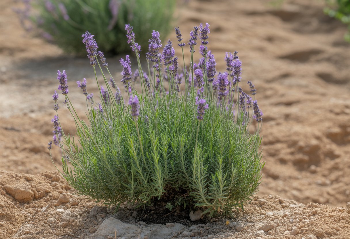 A healthy lavender plant with purple flowers growing in dry, rocky soil outdoors.