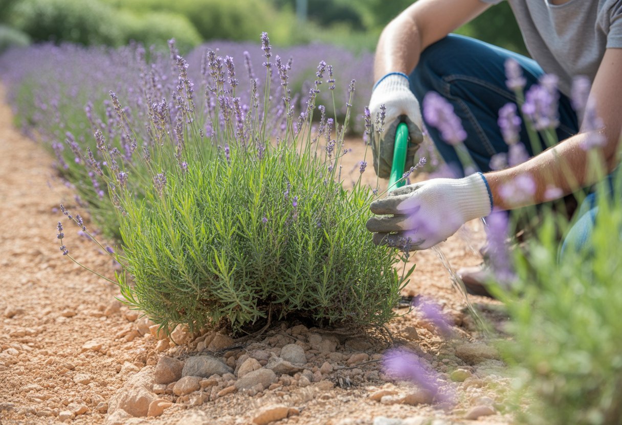A gardener caring for healthy lavender plants growing in dry, rocky soil outdoors.
