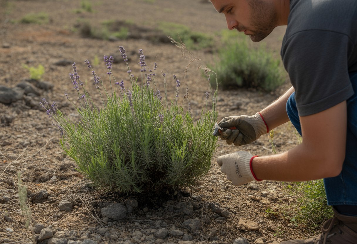 A gardener inspecting lavender plants with damaged leaves growing in dry, rocky soil.