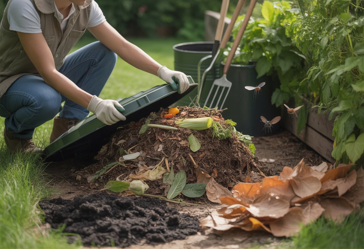 A person inspecting and turning a compost bin outdoors, surrounded by garden plants and tools.