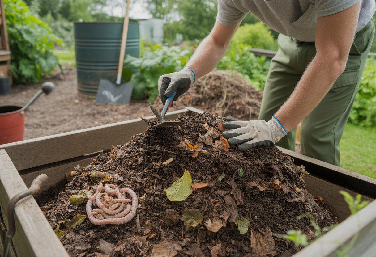 A person inspecting a compost pile outdoors with gardening tools, surrounded by plants and compost bins.