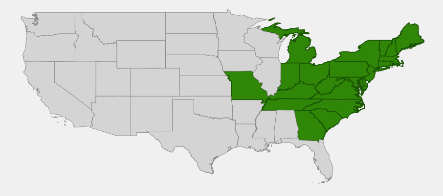 Native range map of Alleghany Serviceberry (Amelanchier laevis) showing distribution across eastern North America