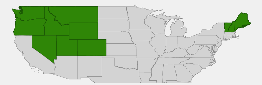 Native range map of Alpine Bluegrass (Poa alpina) showing distribution across Alaska and western mountain states