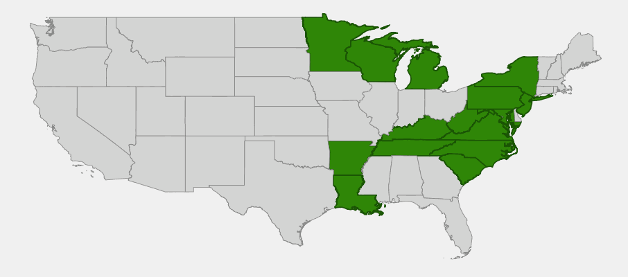 Native range map of Alumroot (Heuchera americana)