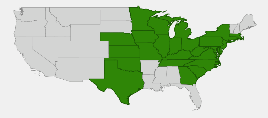 Native range map of American Bladdernut (Staphylea trifolia) showing distribution across eastern and central United States