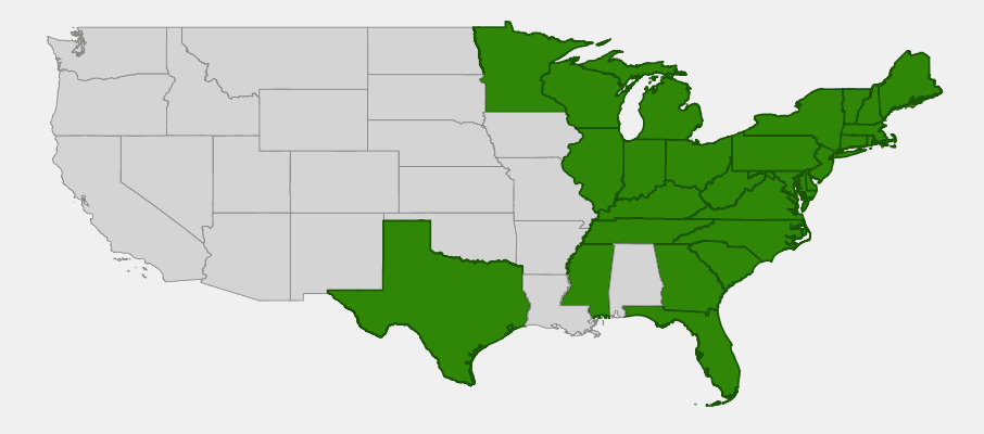 Native range map of American Hornbeam (Carpinus caroliniana) showing distribution across eastern North America