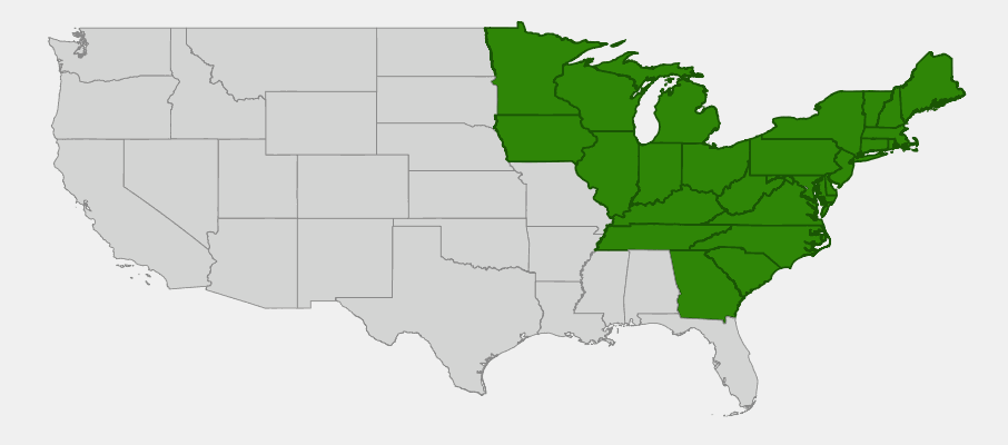 Native range map of Apple Serviceberry (Amelanchier grandiflora) in eastern North America