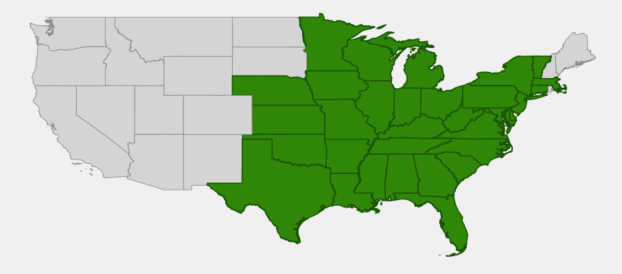 Native range map of Arrow-leaved Aster (Aster sagittifolius) showing distribution across eastern and central US