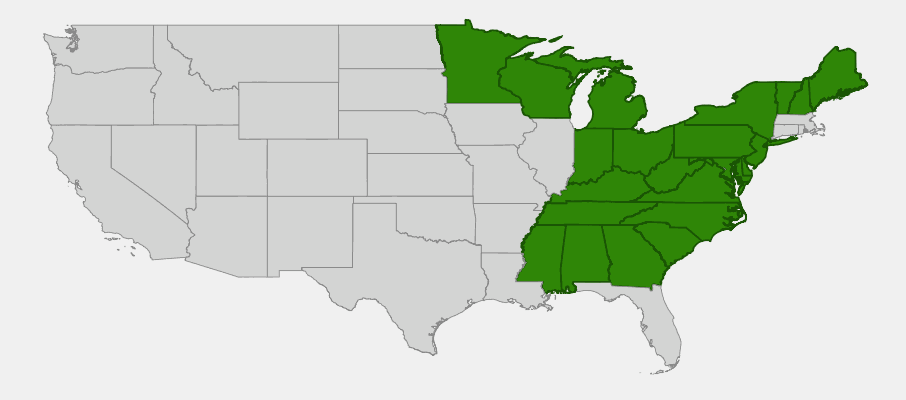 Native range map of Arrow-wood Viburnum (Viburnum dentatum)