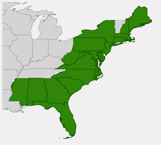 Native range map of Atlantic White Cedar (Chamaecyparis thyoides) showing distribution along eastern US coastal plain