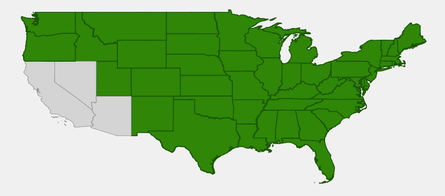 Native range map of Awl-fruited Sedge (Carex stipata) showing widespread distribution across North America