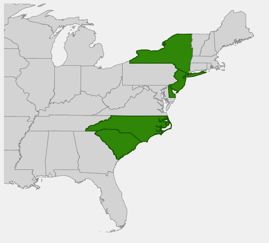 Native range map of Pink Azalea (Rhododendron periclymenoides) showing distribution in the eastern United States