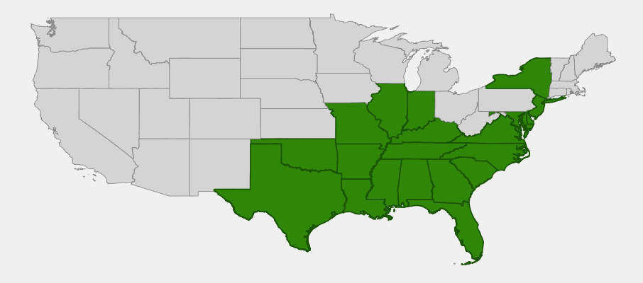 Native range map of Bald Cypress (Taxodium distichum) showing distribution across southeastern and south-central US
