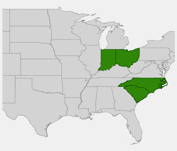 Native range map of Bee Balm (Monarda didyma)