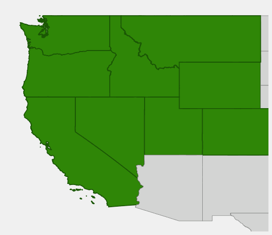 Native range map of Bitterbrush (Purshia tridentata) showing distribution across western United States