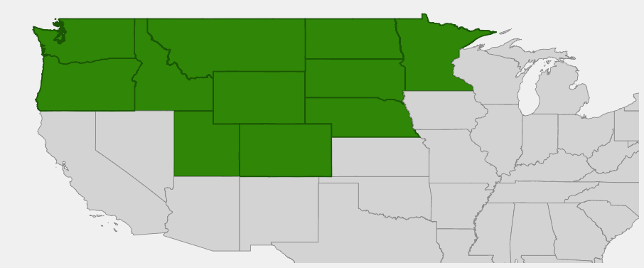 Native range map of Blanket Flower (Gaillardia aristata) showing distribution across the northern Great Plains and Rocky Mountain states