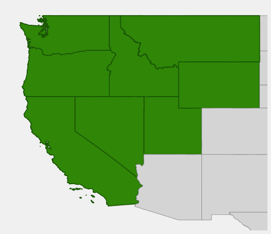 Native range map of Blue Camas (Camassia quamash) showing distribution across western United States
