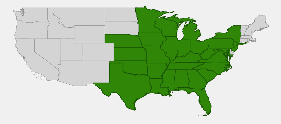 Native range map of Blue Flag Iris (Iris shrevei) showing distribution across central and eastern United States