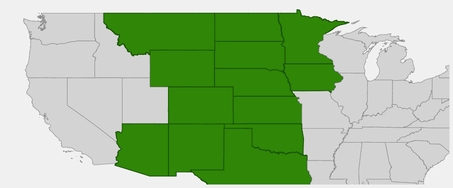 Native range map of Blue Grama (Bouteloua gracilis) showing distribution across Great Plains and Rocky Mountain states
