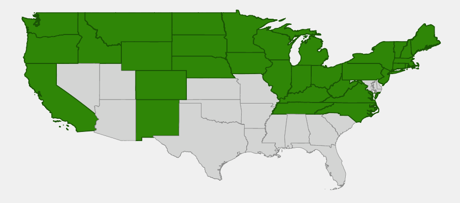 Native range map of Bluejoint Grass (Calamagrostis canadensis) showing distribution across northern North America