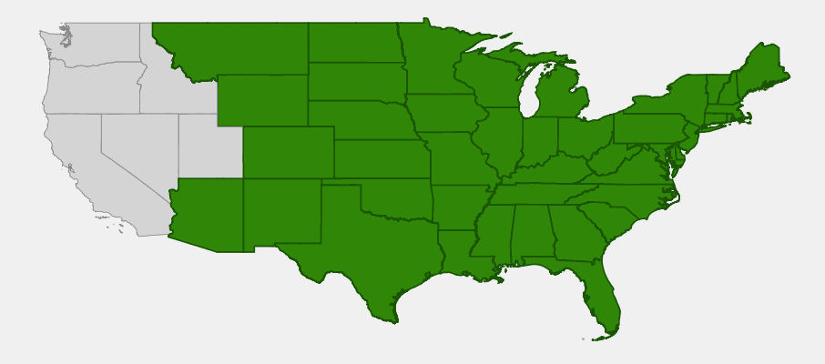 Native range map of Broomsedge (Andropogon virginicus) showing distribution across eastern and central United States