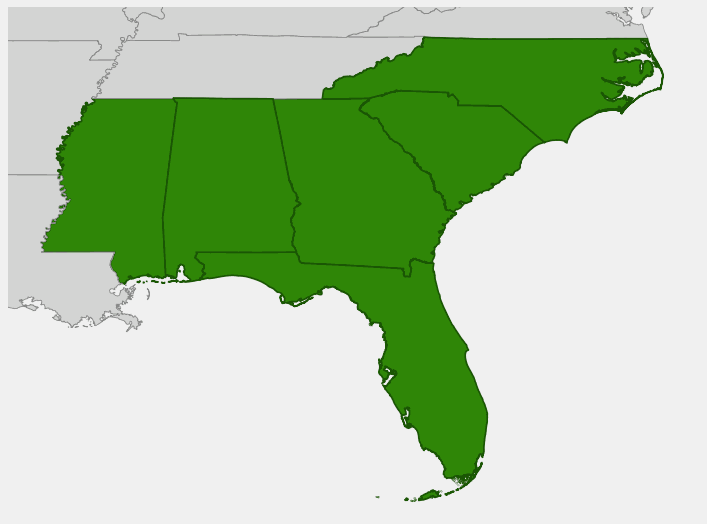 Native range map of Buckwheat Tree (Cliftonia monophylla) showing distribution across Florida, Georgia, Alabama, Mississippi, South Carolina, and North Carolina