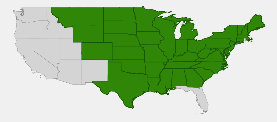 Native range map of Bur Oak (Quercus macrocarpa) showing distribution across central North America