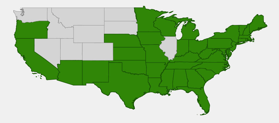 Native range map of Buttonbush (Cephalanthus occidentalis) showing distribution across eastern, central, and parts of western United States