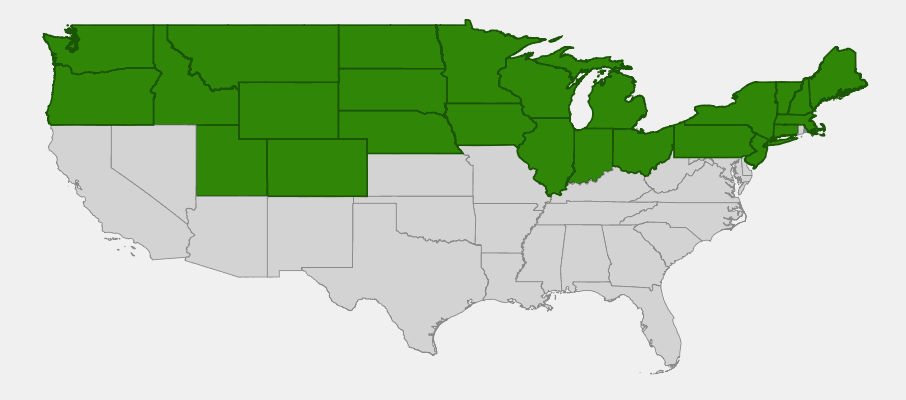 Native range map of Canada Anemone (Anemone canadensis)