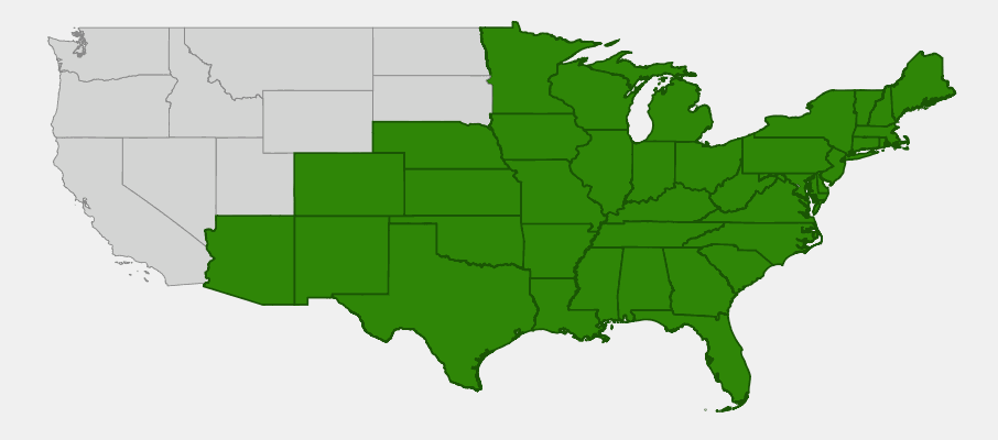 Native range map of Cardinal Flower (Lobelia cardinalis) showing distribution across most of the continental United States