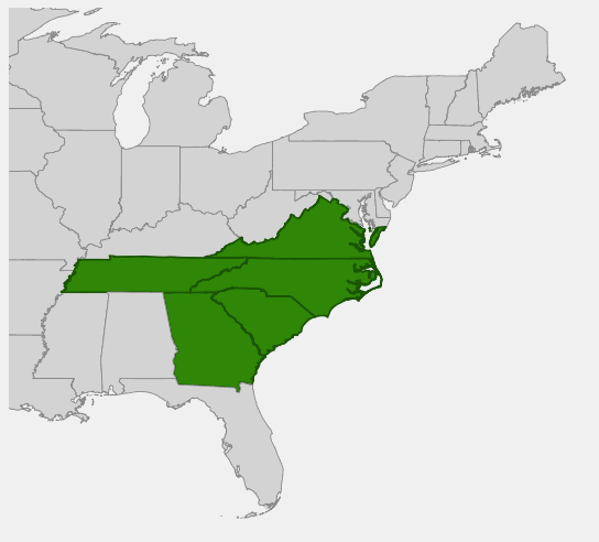 Native range map of Carolina Rhododendron (Rhododendron carolinianum)