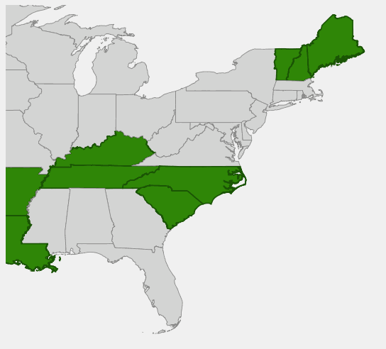 Native range map of Carolina Rose (Rosa carolina)