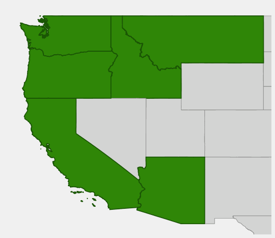 Native range map of Cascara (Rhamnus purshiana) showing distribution across Oregon, Washington, California, Idaho, Montana, and Arizona